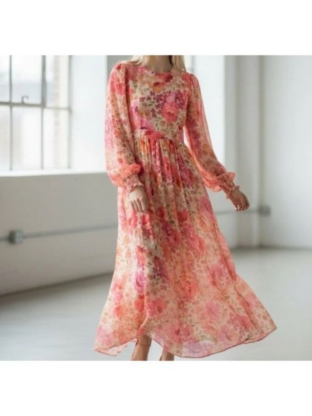 AURA Size M Pink Floral Long Sleeve Chiffon Flowy Long Cottagecore Maxi Dress